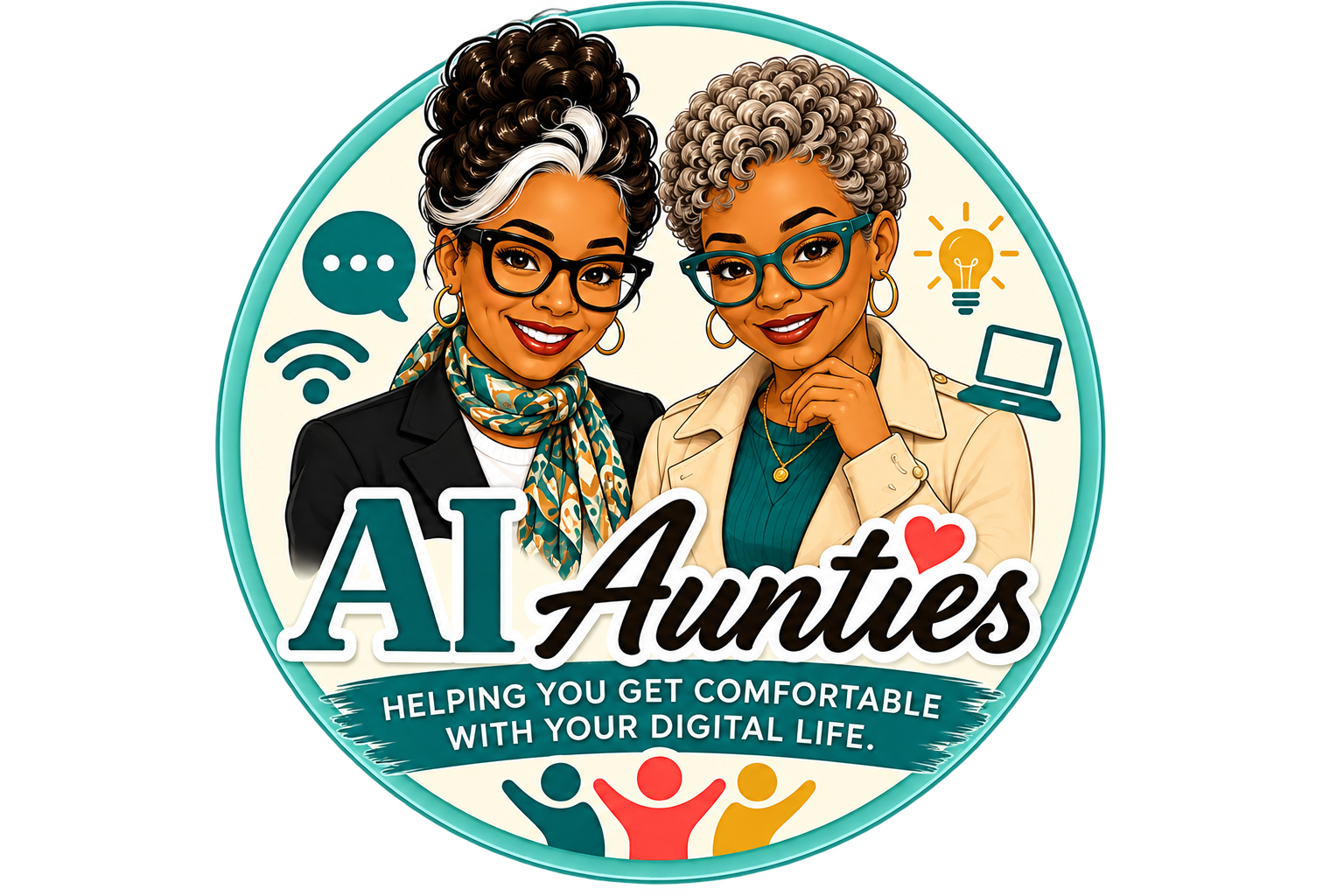 AI Aunties badge: two smiling aunties looking at a tablet together, with the tagline helping you get comfortable with your digital life